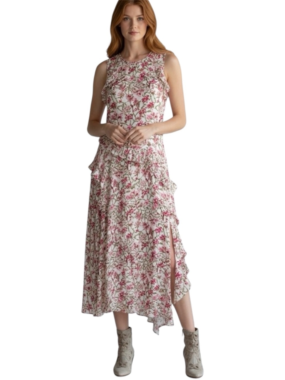 Sundance Catalog "Amandine Garden" Dress Floral Ruffle Midi Dress Size Small